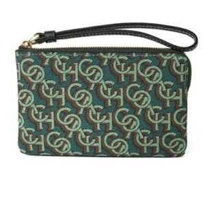 Coach NWT Green and Brown Patterned Wristlet Gold Hardware